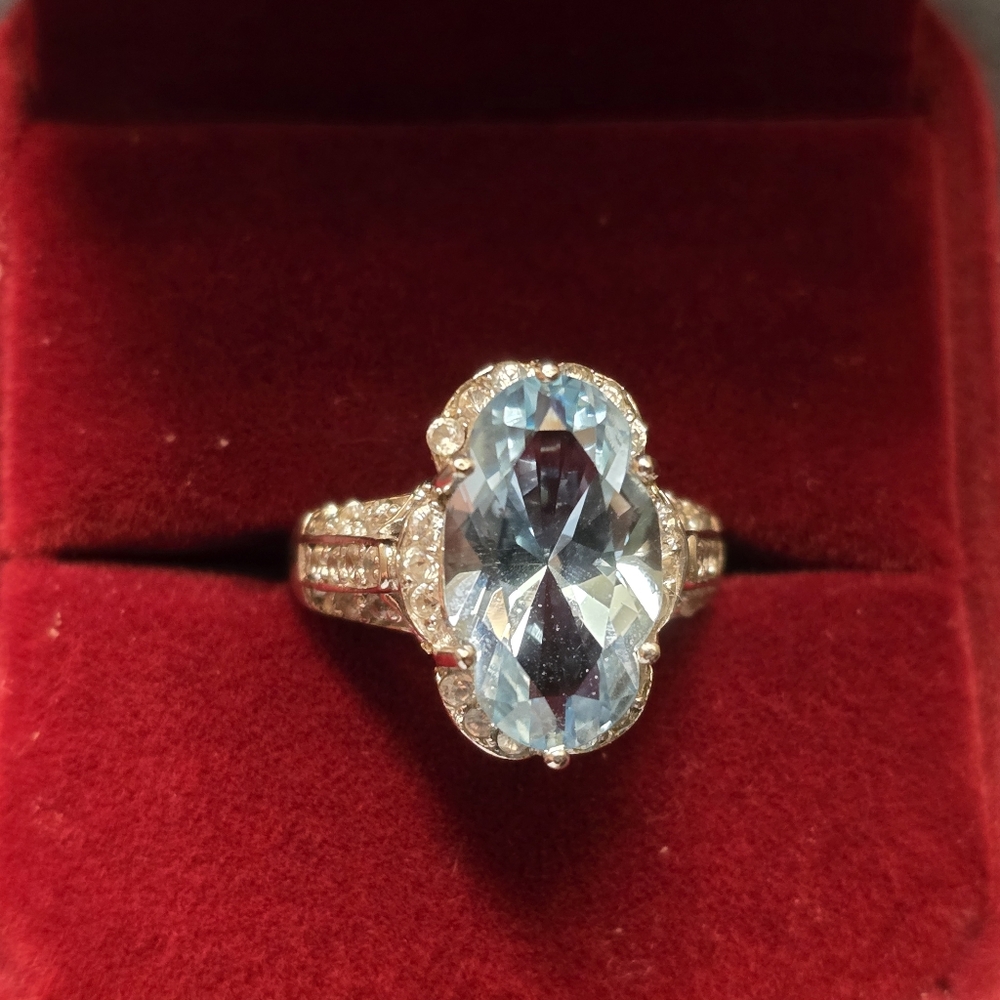 .925 Sterling Silver Ring Lab Grown Aqua And Cubic Zirconia Stones. Size 6 - Picture 3 of 9